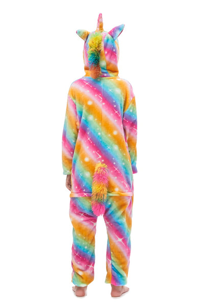 Pigiama animale intero UNICORNO ARCOBALENO, pigiamone invernale in pile, carnevale cosplay unisex adulto bambino