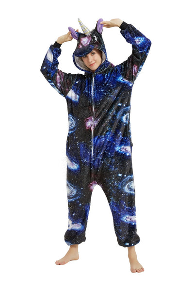 Pigiama pigiamone animale in pile intero UNICORNO GALASSIA, pigiama invernale, costume carnevale cosplay unisex adulto bimbo