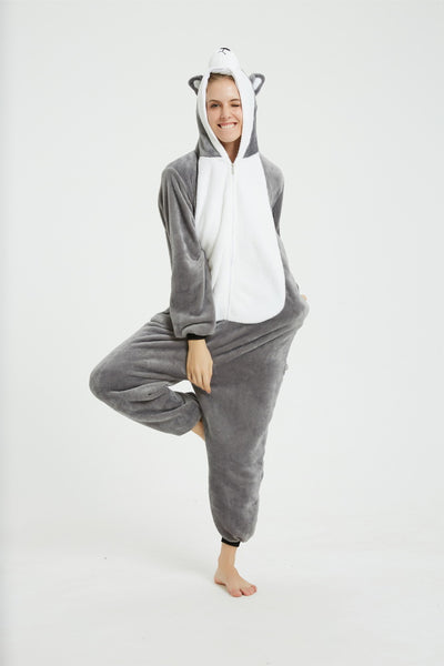 Pigiama pigiamone animale in pile intero HUSKY GRIGIO, pigiama invernale, costume carnevale cosplay adulto bambino