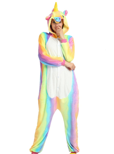 Pigiama pigiamone animale in pile intero UNICORNO ARCOBALENO VERDE, pigiama invernale, costume carnevale unisex adulto bimbo