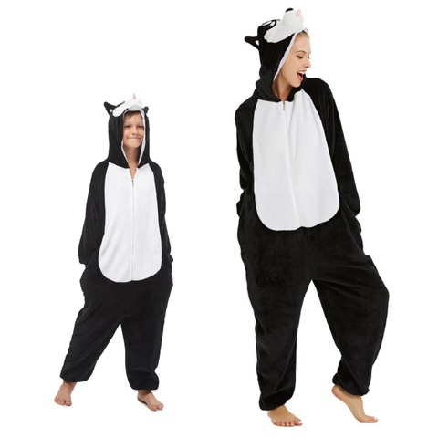 Pigiama animale intero HUSKY NERO, piagiamone invernale in pile, costume carnevale cosplay, unisex adulto e bambino