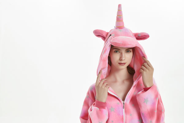 Pigiama pigiamone animale in pile intero UNICORNO ROSA, pigiama invernale, costume carnevale cosplay adulto bambino