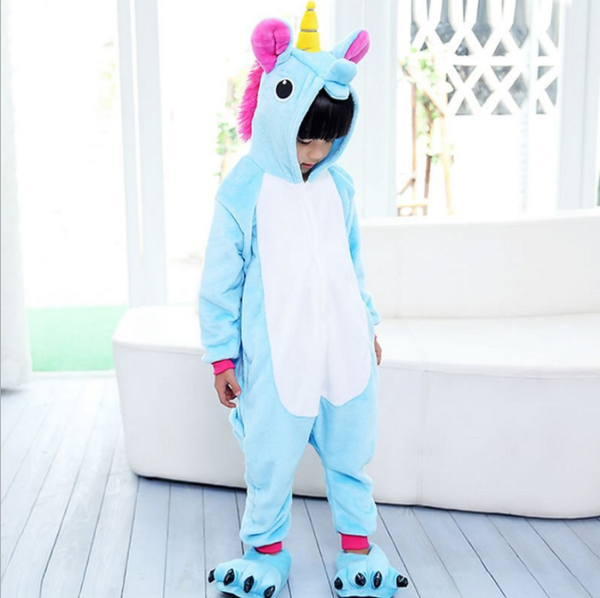 Pigiama pigiamone animale in pile intero UNICORNO AZZURRO, pigiama invernale, costume carnevale cosplay unisex adulto bimbo