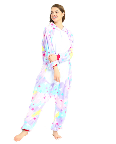 Pigiama animale intero UNICORNO STELLA, pigiamone invernale in pile, costume carnevale cosplay unisex adulto bambino