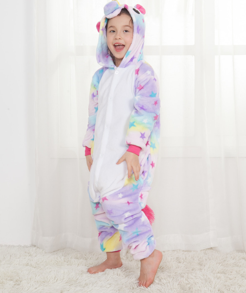Pigiama animale intero UNICORNO STELLA, pigiamone invernale in pile, costume carnevale cosplay unisex adulto bambino