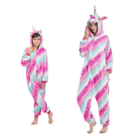 Pigiama animale intero UNICORNO FUCSIA, pigiamone invernale in pile, costume carnevale cosplay unisex adulto bambino