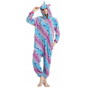 Pigiama animale intero UNICORNO LILLA, pigiamone invernale in pile, costume carnevale cosplay unisex adulto bimbo